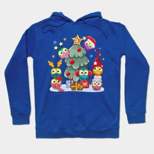 Cute Christmas tree with little colorful owls sitting on it Hoodie